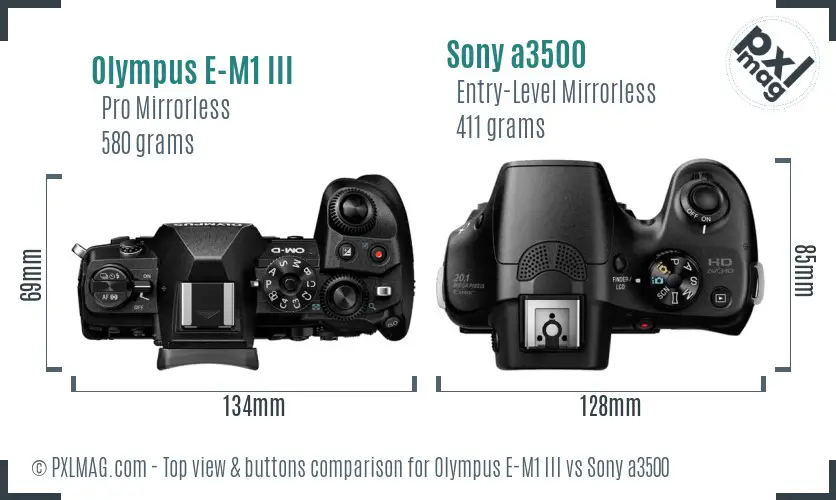 Olympus E-M1 III vs Sony a3500 top view buttons comparison