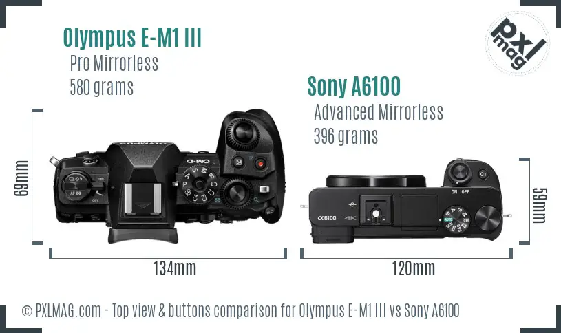 Olympus E-M1 III vs Sony A6100 top view buttons comparison