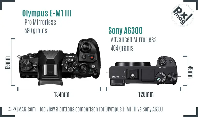 Olympus E-M1 III vs Sony A6300 top view buttons comparison