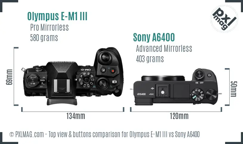 Olympus E-M1 III vs Sony A6400 top view buttons comparison