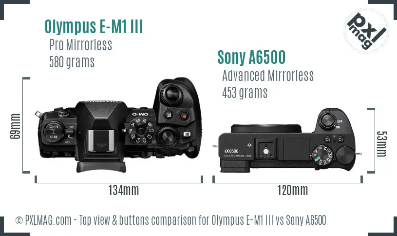 Olympus E-M1 III vs Sony A6500 top view buttons comparison