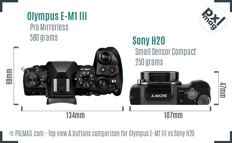 Olympus E-M1 III vs Sony H20 top view buttons comparison