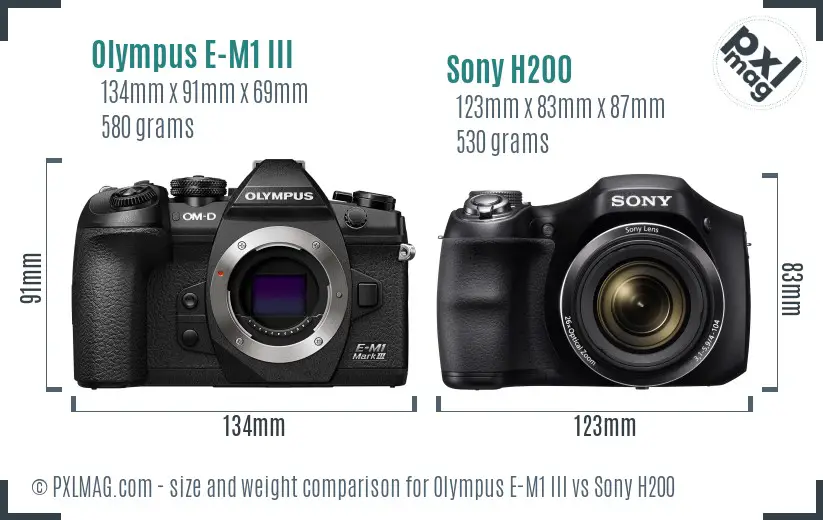 Olympus E-M1 III vs Sony H200 size comparison