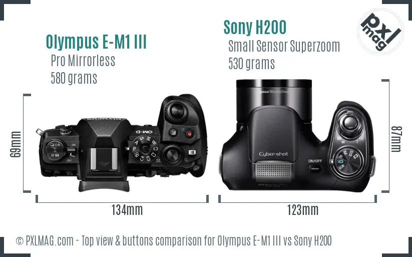 Olympus E-M1 III vs Sony H200 top view buttons comparison