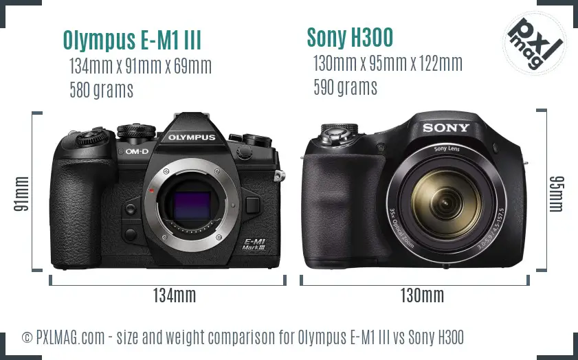 Olympus E-M1 III vs Sony H300 size comparison