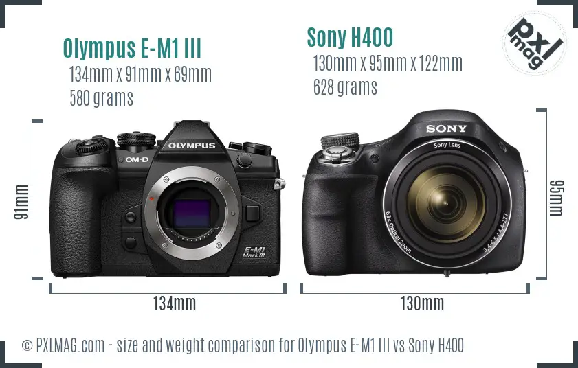Olympus E-M1 III vs Sony H400 size comparison