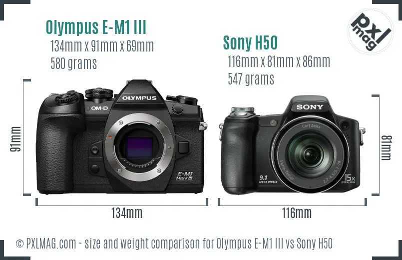 Olympus E-M1 III vs Sony H50 size comparison
