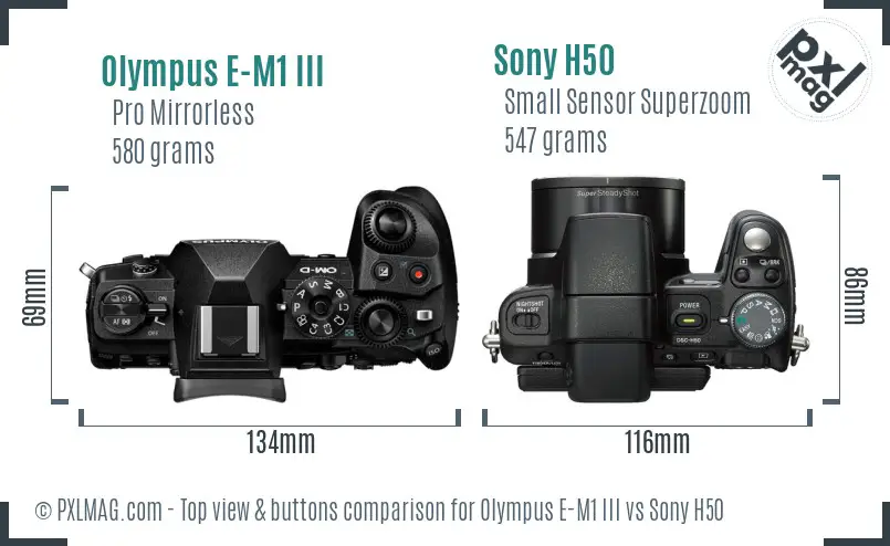 Olympus E-M1 III vs Sony H50 top view buttons comparison