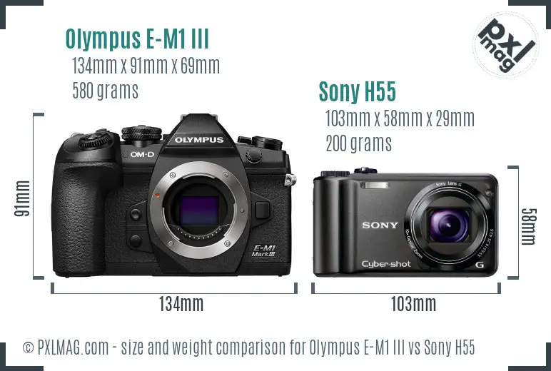 Olympus E-M1 III vs Sony H55 size comparison