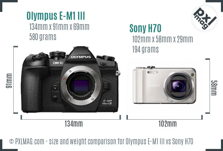 Olympus E-M1 III vs Sony H70 size comparison
