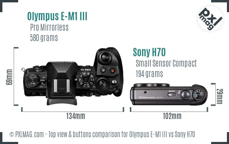 Olympus E-M1 III vs Sony H70 top view buttons comparison