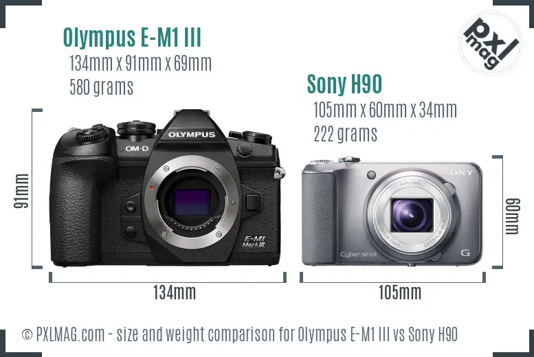 Olympus E-M1 III vs Sony H90 size comparison