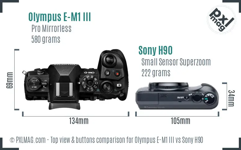 Olympus E-M1 III vs Sony H90 top view buttons comparison