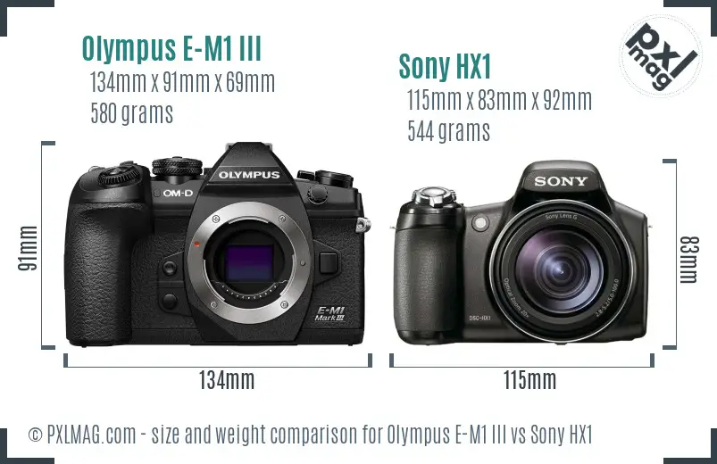 Olympus E-M1 III vs Sony HX1 size comparison
