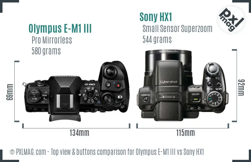 Olympus E-M1 III vs Sony HX1 top view buttons comparison