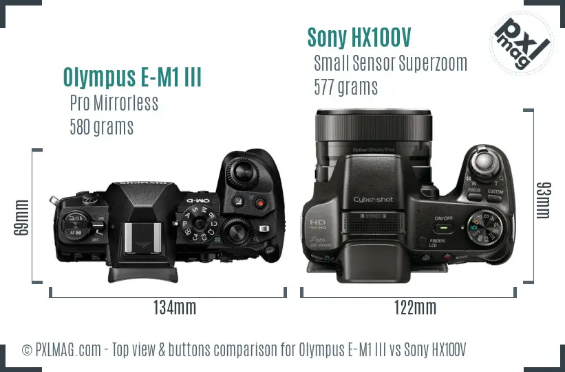 Olympus E-M1 III vs Sony HX100V top view buttons comparison