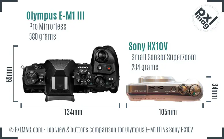 Olympus E-M1 III vs Sony HX10V top view buttons comparison