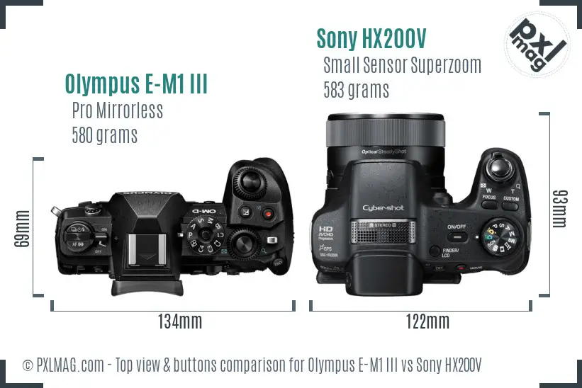 Olympus E-M1 III vs Sony HX200V top view buttons comparison