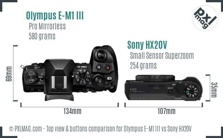 Olympus E-M1 III vs Sony HX20V top view buttons comparison