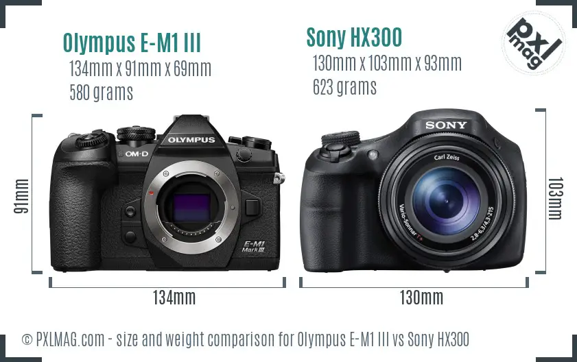 Olympus E-M1 III vs Sony HX300 size comparison
