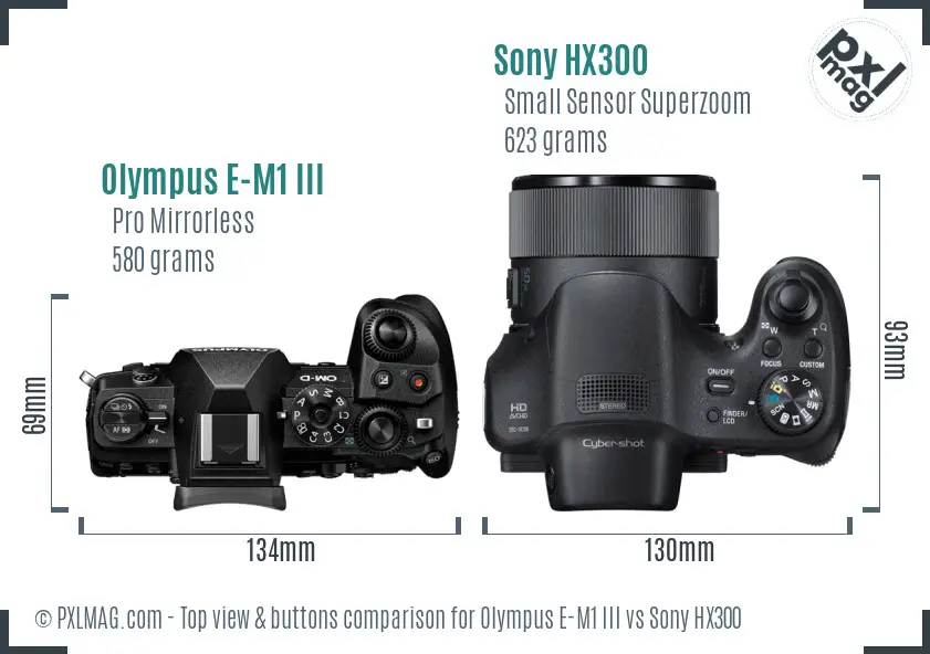 Olympus E-M1 III vs Sony HX300 top view buttons comparison