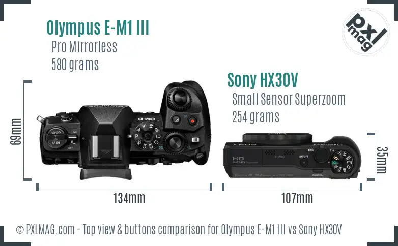Olympus E-M1 III vs Sony HX30V top view buttons comparison