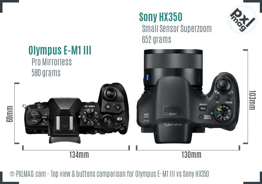 Olympus E-M1 III vs Sony HX350 top view buttons comparison