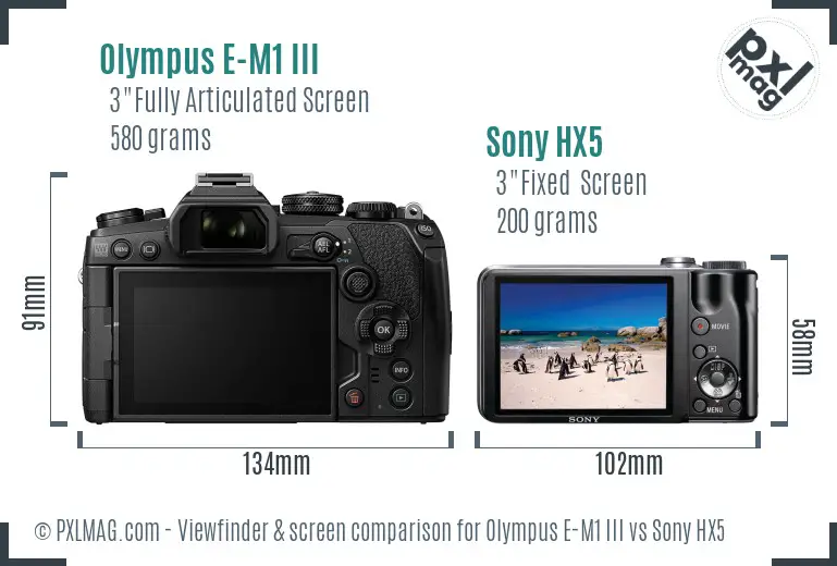 Olympus E-M1 III vs Sony HX5 Screen and Viewfinder comparison