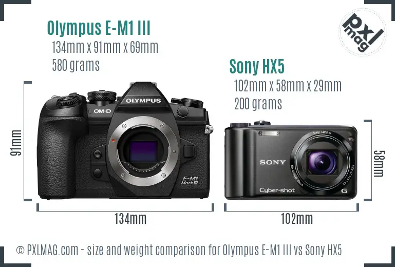 Olympus E-M1 III vs Sony HX5 size comparison