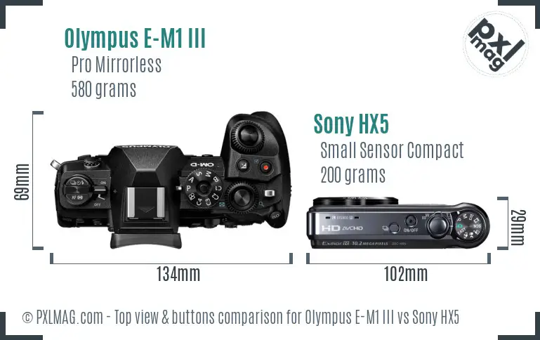 Olympus E-M1 III vs Sony HX5 top view buttons comparison