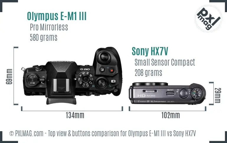 Olympus E-M1 III vs Sony HX7V top view buttons comparison