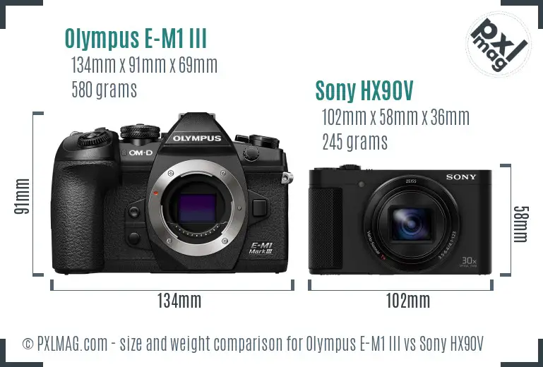 Olympus E-M1 III vs Sony HX90V size comparison