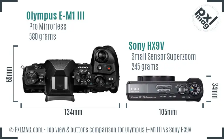 Olympus E-M1 III vs Sony HX9V top view buttons comparison