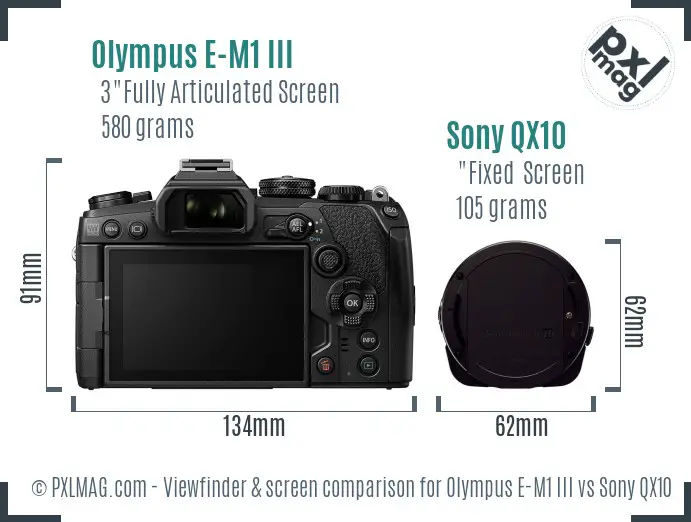 Olympus E-M1 III vs Sony QX10 Screen and Viewfinder comparison