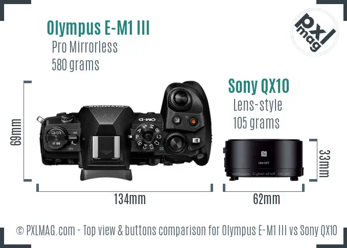 Olympus E-M1 III vs Sony QX10 top view buttons comparison