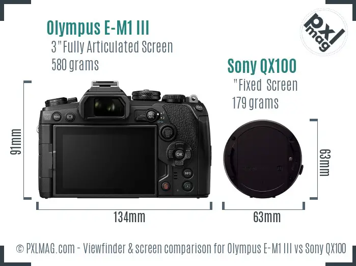 Olympus E-M1 III vs Sony QX100 Screen and Viewfinder comparison