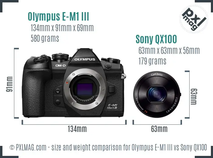 Olympus E-M1 III vs Sony QX100 size comparison
