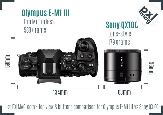 Olympus E-M1 III vs Sony QX100 top view buttons comparison