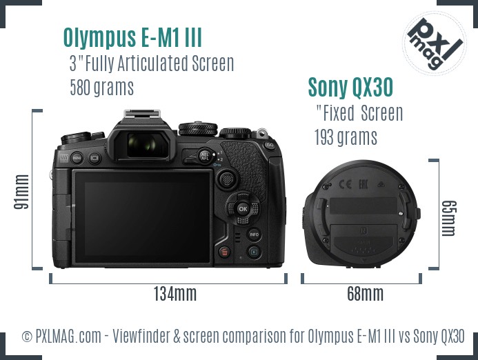 Olympus E-M1 III vs Sony QX30 Screen and Viewfinder comparison