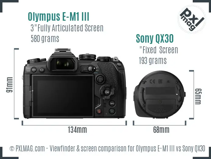 Olympus E-M1 III vs Sony QX30 Screen and Viewfinder comparison