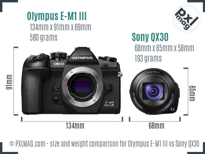 Olympus E-M1 III vs Sony QX30 size comparison