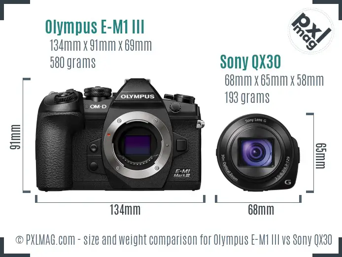 Olympus E-M1 III vs Sony QX30 size comparison