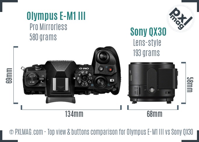 Olympus E-M1 III vs Sony QX30 top view buttons comparison