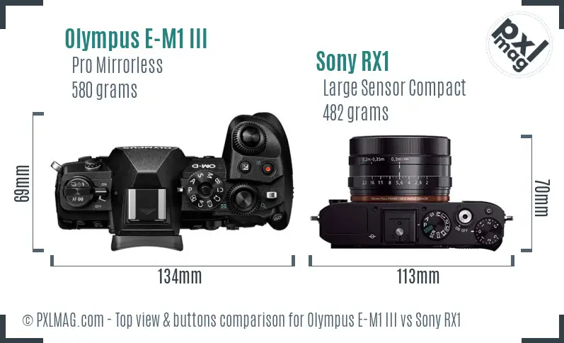 Olympus E-M1 III vs Sony RX1 top view buttons comparison