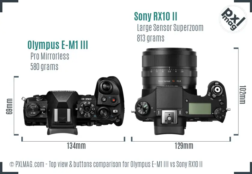 Olympus E-M1 III vs Sony RX10 II top view buttons comparison