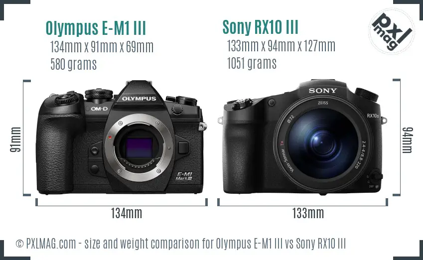Olympus E-M1 III vs Sony RX10 III size comparison