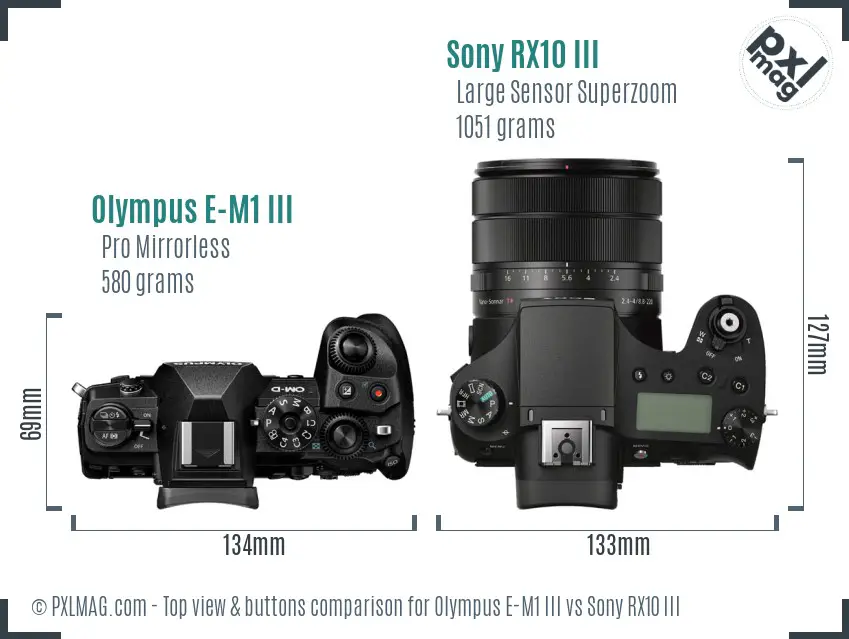 Olympus E-M1 III vs Sony RX10 III top view buttons comparison