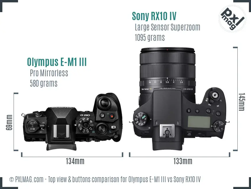 Olympus E-M1 III vs Sony RX10 IV top view buttons comparison