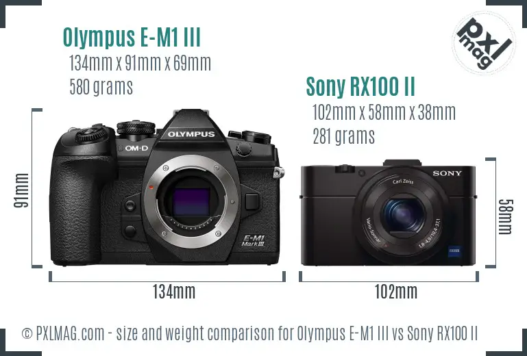 Olympus E-M1 III vs Sony RX100 II size comparison