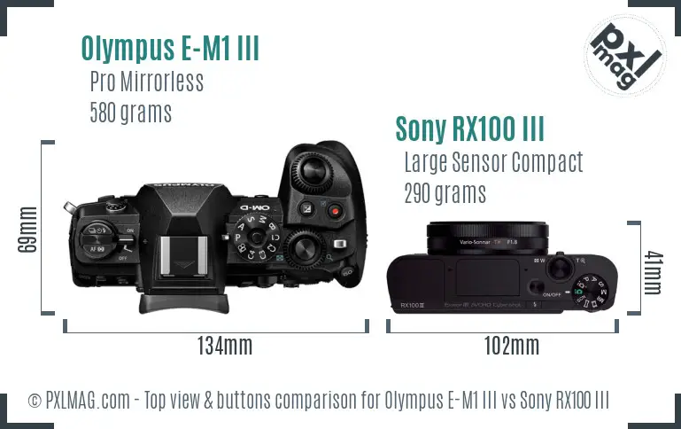 Olympus E-M1 III vs Sony RX100 III top view buttons comparison